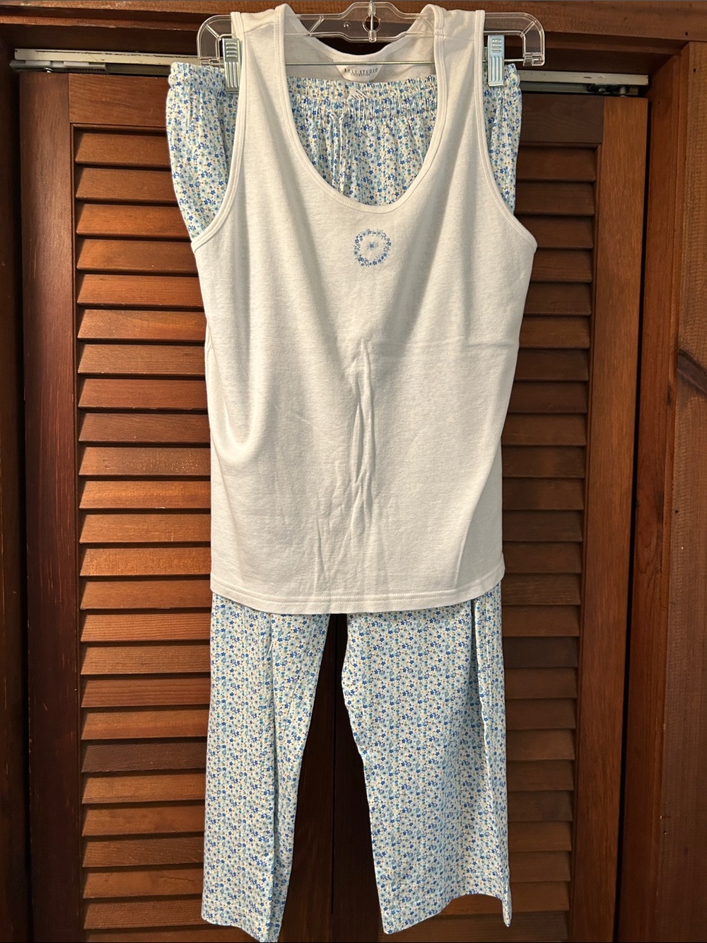 Women’s White Tank & Blue Floral Pajama Set 100% Cotton Made in Canada